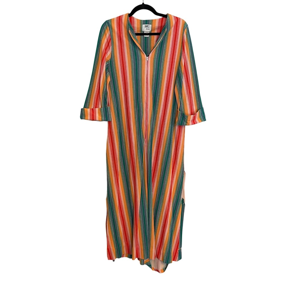 Vintage JCPenney Striped Robe Orange Green Red Arnel Lounger 70s L